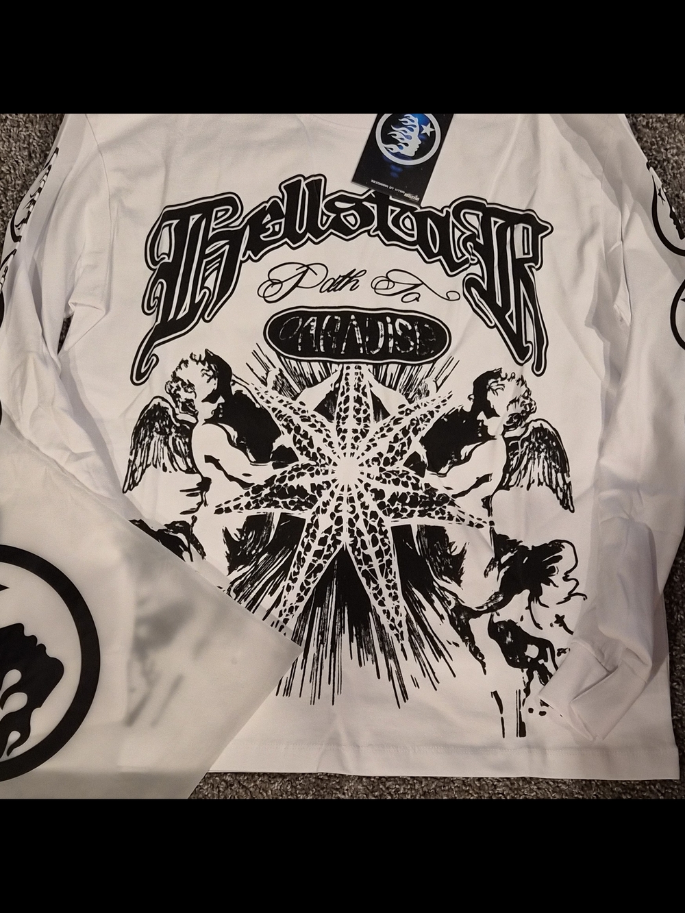 White Graphic Long-Sleeve Men's Shirt with Black Angel Design
